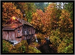 Młyn Cedar Creek Grist Mill, Rzeka, Drzewa, Las, Jesień, Woodland, Stan Waszyngton, Stany Zjednoczone