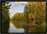 Jesień, Jezioro, Chmury, Odbicie, Drzewa