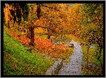 Jesień, Drzewa, Latarnie, Park, Chodnik