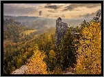Jesień, Park Narodowy Saskiej Szwajcarii, Skały, Drzewa, Góry Połabskie, Niemcy