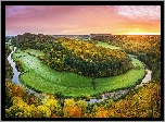 Rzeka Wye, Zakole, Drzewa, Lasy, Jesień, Wschód słońca, Forest of Dean, Anglia