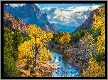 Jesień, Góry, Góra Watchman, Rzeka, Virgin River, Drzewa, Chmury, Park Narodowy Zion, Utah, Stany Zjednoczone