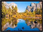 Jesień, Góry, Sierra Nevada, Rzeka, Merced River, Drzewa, Odbicie, Park Narodowy Yosemite, Kalifornia, Stany Zjednoczone