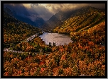 Jesień, Jezioro, Echo Lake, Góry Białe, White Mountains, Lasy, Drzewa, Droga, Stan New Hampshire, Stany Zjednoczone