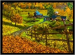 Jesień, Droga, Ogrodzenie, Staw, Domy, Drzewa, Opadłe, Liście, Pomfret, Nowa Anglia, Stan Vermont, Stany Zjednoczone
