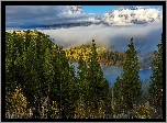 Jesień, Las, Góry, Drzewa, Świerki, Mgła, Krajobraz, Park Narodowy Grand Teton, Stan Wyoming, Stany Zjednoczone