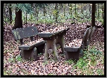 Jesień, Park, Ławki, Stół, Liście