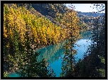 Jesień, Jezioro, Lac de Tseuzier, Góry, Alpy, Drzewa, Valais, Szwajcaria
