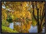 Anglia, Hrabstwo Wiltshire, Posiadłość Stourhead, Park, Jezioro, Altanka, Jesień