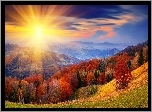 Jesienny, Krajobraz, Góry, Las, Promienie Słońca