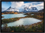 Jeziora, Góry, Cordillera del Paine, Chmury, Park Narodowy Torres del Paine, Patagonia, Chile