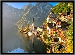 Jezioro, Góry, Hallstatt, Austria, Jesień