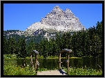 Jezioro, Antorno Lake, Mostek, Góry, Dolomity, Masyw Tre Cime di Lavaredo, Las, Drzewa, Prowincja Belluno, Włochy