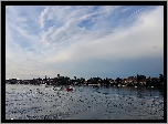 Jezioro, Statek, Brzeg, Domy