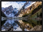 Góry, Śnieg, Odbicie, Jezioro, Drzewa, Chmury