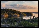 Chmury, Jezioro Ładoga, Las, Skały, Karelia, Rosja