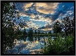 Jezioro, Drzewa, Trawy, Chmury, Odbicie