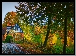 Jezioro, Drzewa, Dom, Jesień