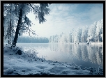 Zima, Jezioro, Drzewa, Śnieg, 2D