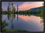 Jezioro, Krzewy, Drzewa, Wzgórza