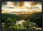 Jezioro, Niebo, Drzewa, Wzgórza