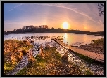 Jezioro, Zachód Słońca, Drzewa, Pomost