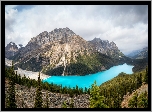 Góry, Canadian Rockies, Chmury, Jezioro Peyto Lake, Las, Drzewa, Park Narodowy Banff, Alberta, Kanada