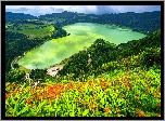 Góry, Zielone, Wzgórza, Kwiaty, Roślinność, Jezioro Furnas, Azory, Wyspa Sao Miguel, Portugalia