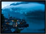 Jezioro, Chmury, Zabudowania, Noc, Hallstatt, Austria
