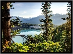 Jezioro, Las, Góry, Hotel, Kanada