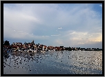 Jezioro, Przystań, Motorówki, Jachty, Domy