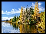 Jezioro Attersee, Domki, Drzewa, Jesień, Austria