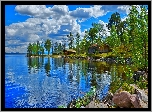 Jezioro, Letnie, Domki, Drzewa, Kamienie, Chmury