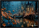 Rozświetlony, Dom, Kwiaty, Jezioro, Las, Noc, AI