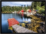 Jezioro, Pomost, Kamienie, Domy, Las, Norwegia