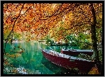 Jezioro, Łódki, Las, Jesień
