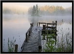 Jezioro, Mgła, Drewniane, Molo, Trawy