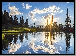 Park Narodowy Mount Rainier, Góry, Drzewa, Jezioro, Tipsoo Lake, Niebo, Zachód słońca, Stan Waszyngton, Stany Zjednoczone