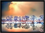 Jezioro, Drzewa, Śnieg, Odbicie
