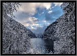 Niemcy, Bawaria, Park Narodowy Berchtesgaden, Zima, Jezioro Königssee, Góry Alpy