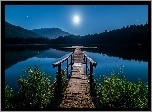 Jezioro, Lost Lake, Góry, Pomost, Noc, Księżyc, Whistler, Kolumbia Brytyjska, Kanada