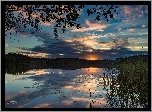 Jezioro, Zachód słońca, Odbicie, Trzciny