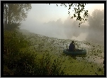 Jezioro, Mgła, Łódka, Wędkarz