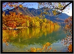 Jezioro, Góry, Lasy, Drzewa, Łódki, Jesień