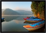Jezioro, Phewa, Pokhara, Łodzie, Poranek, Nepal