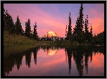 Jezioro, Tipsoo Lake, Park Narodowy Mount Rainier, Stratowulkan Mount Rainier, Drzewa, Wschód słońca, Stan Waszyngton, Stany Zjednoczone