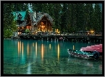 Jezioro, Łódki, Most, Restauracja,  Kanada