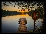 Jezioro, Pomost, Drzewa, Zachód słońca, Koło