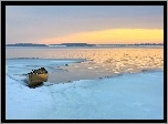 Jezioro, Łódz, Lasy, Wschód, Słońca, Zima