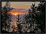 Jezioro, Zachód Słońca, Drzewa
